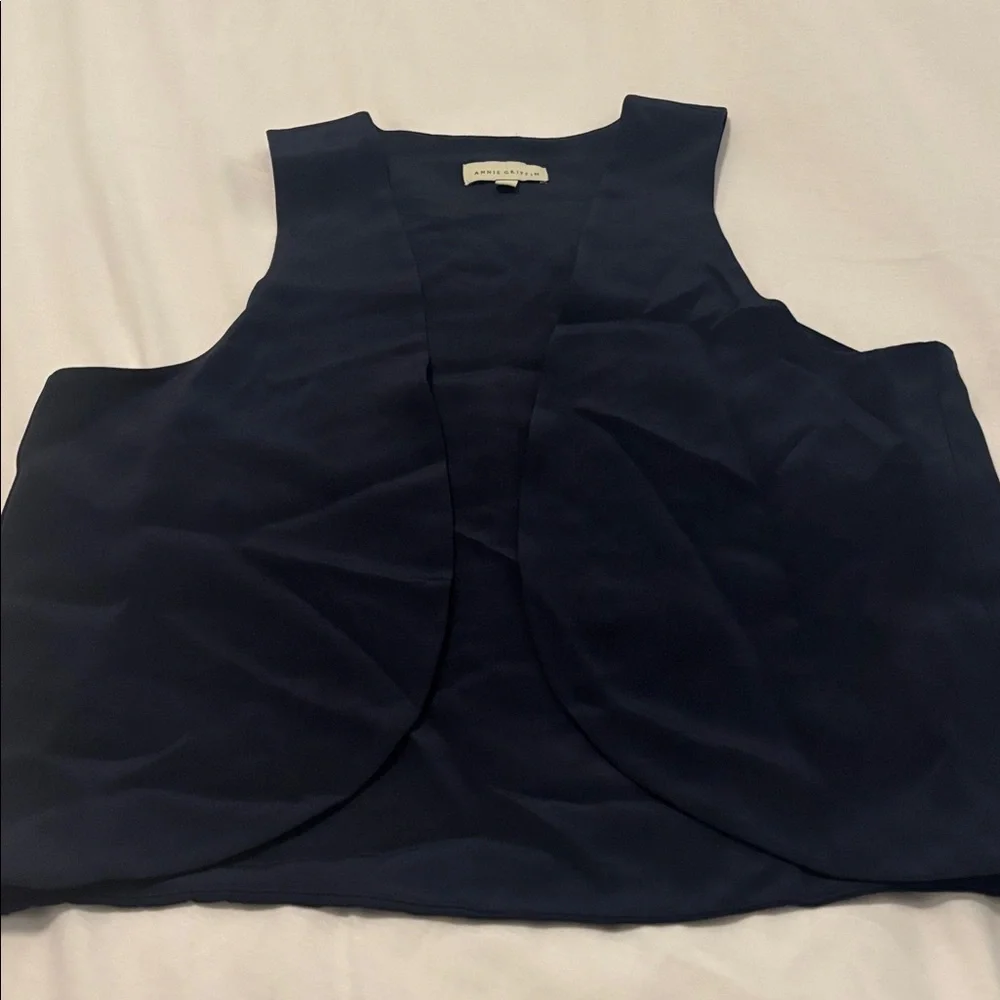 Annie Griffin Navy 100% Silk Open tailored Vest SZ L cropped work wear casual - Picture 9 of 11